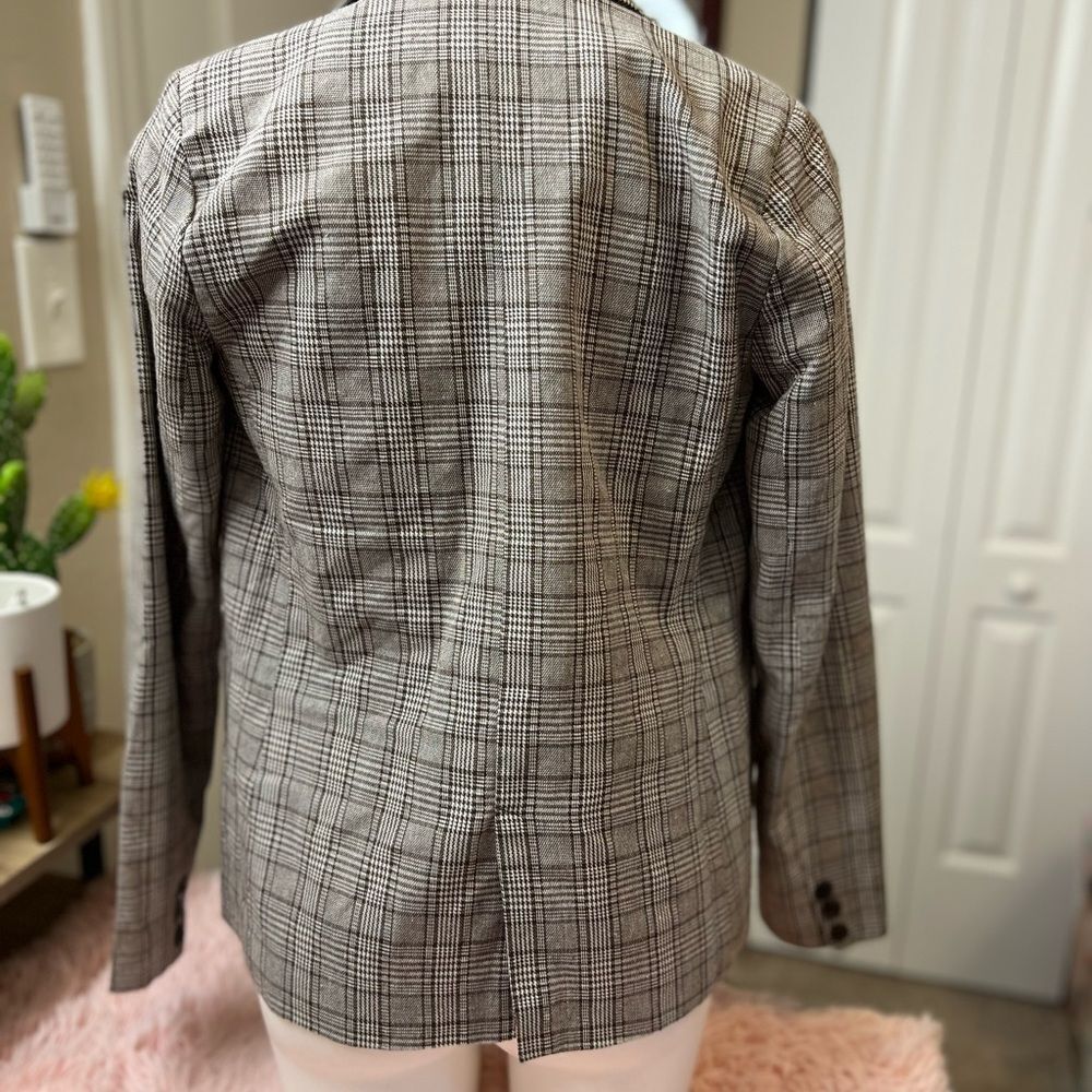 Chocolate USA Plaid Open Front Blazer Jacket Women’s Size S Brown Tan Lined - Picture 7 of 9